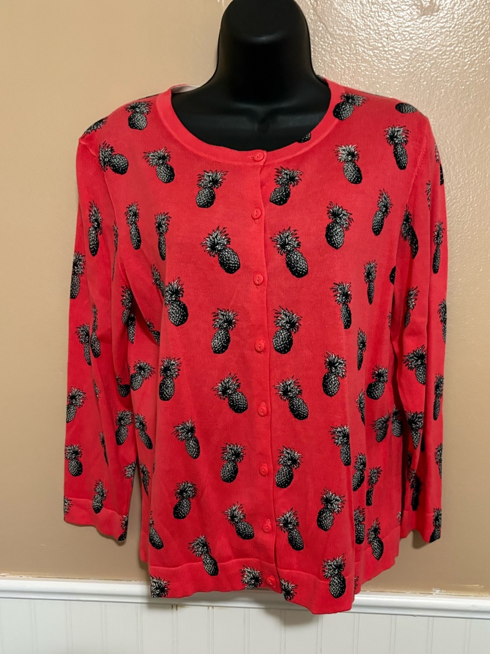 Ann Taylor Factory Large Coral Pineapple Print Cardigan Preowned